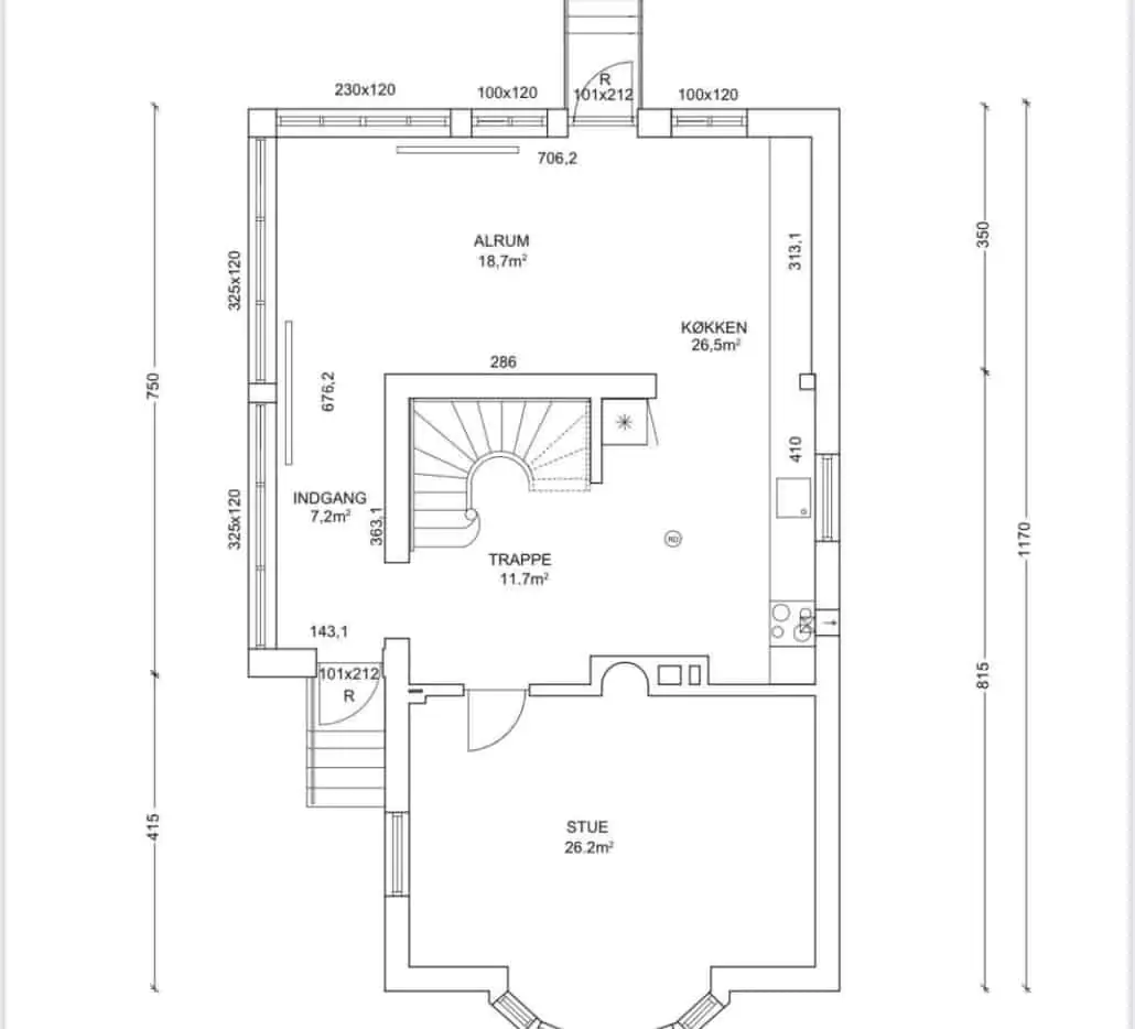 Strindbergsvej — plantegning alrum, køkken og indgang (overordnet stueplan)
